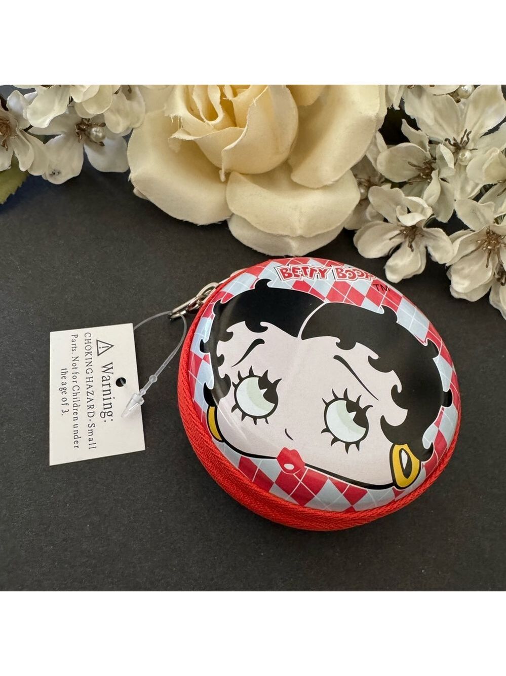 BETTY BOOP Round Coin Purse Zip Case Retro Red Argyle NWT
